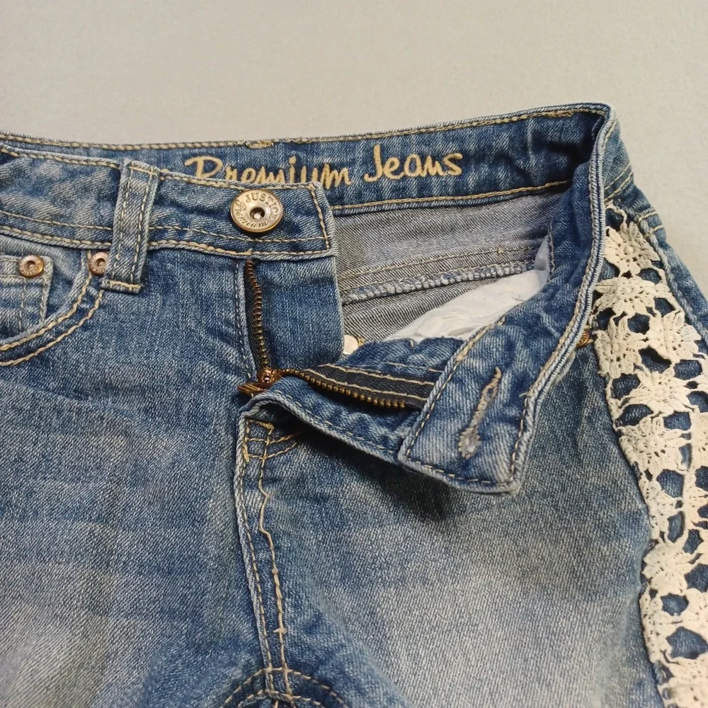Justice Premium Girls‎ Denim Shorts Size 12S Blue Crochet Lace Side Frayed Hem